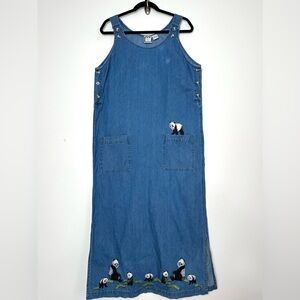Vintage Denim Maxi Dress Embroidered Pandas Teachercore Cottagecore Kitschy Twee